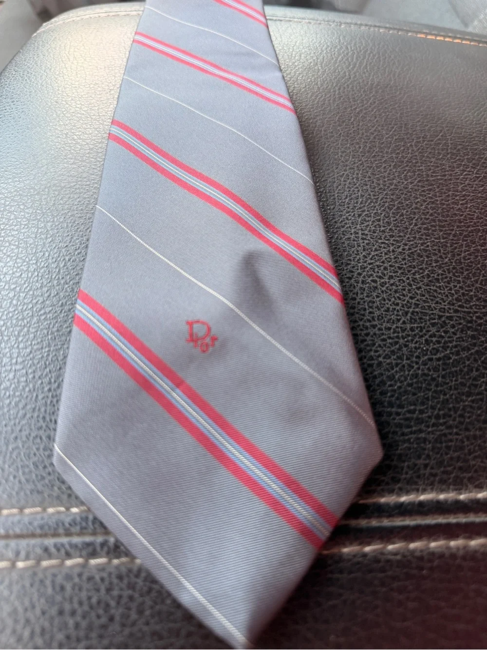 Dior Gray Silk Tie with Red and White Diagonal Stripes